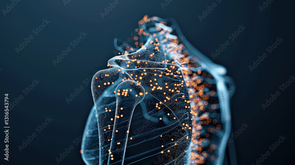 Poster Abstract visualization of DNA strand with glowing particles on dark background