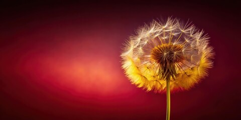 Obraz premium Golden Dandelion Seed Head Against a Rich Burgundy Background, a Symbol of Wishes and the Ephemeral Nature of Time