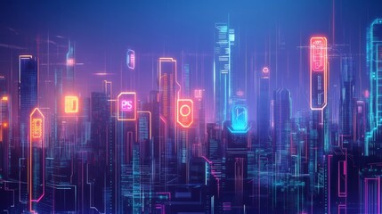 Fototapeta premium Futuristic Cyberpunk Cityscape with Neon Outlines and Digital Overlays