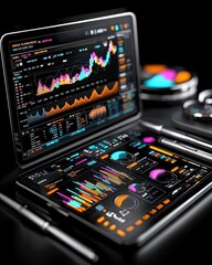 Obraz premium Futuristic digital dashboard showcasing data analytics with vibrant graphs, charts, and interactive features on a sleek, modern tablet with a dark background