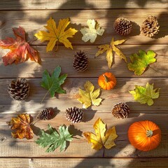 Autumn flatlay with pumpkins, leaves, and pine cones on wood.