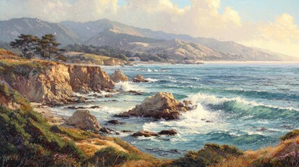 Dramatic coastal scene with crashing waves, rocky cliffs, and distant mountains under a sunny sky.