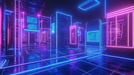 Neon-lit digital architecture, presenting a futuristic virtual environment