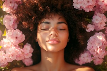 Pretty mixed-race young woman surrounded by cherry blossoms. Commercial promotion creative art. Spring mood, morning rays and fog. Spring commercial photo shoot with woman and flowers.
