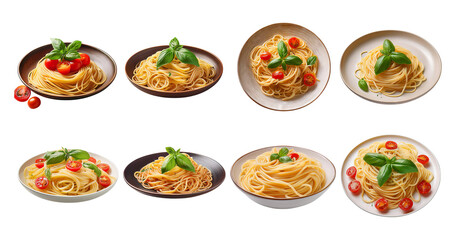 Various Plates of Spaghetti with Cherry Tomatoes and Fresh Basil, PNG bundle collection, Isolated on Transparent Background