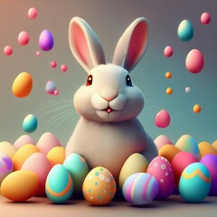 Happy Easter Bunny with many colorful easter eggs around