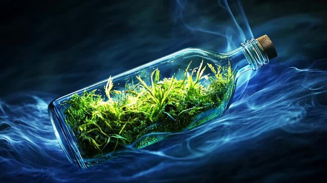 Enchanting plant in glass bottle, mystical smoke, magical potion