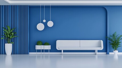 Serene Blue Living Room: 3D Render of Modern Interior Design AI Generated