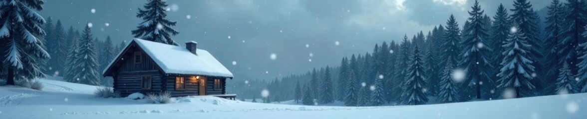 Naklejka premium Snowflakes gently fall onto the branches of a solitary pine tree in this serene winter landscape, snowy woods, secluded cabin, winter refuge