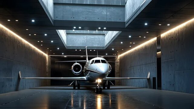 Private jet hangar interior, modern architecture, illuminated