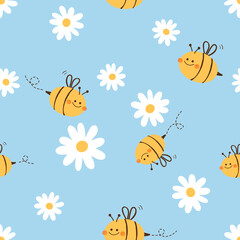 Seamless pattern with bee cartoons and daisy flower on blue background vector.