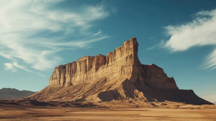 Majestic sandstone butte rising from desert landscape under azure sky