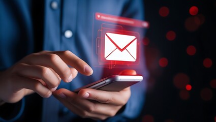 Phishing Scam Alert – Man Holding Smartphone with Holographic Spam Email Icon