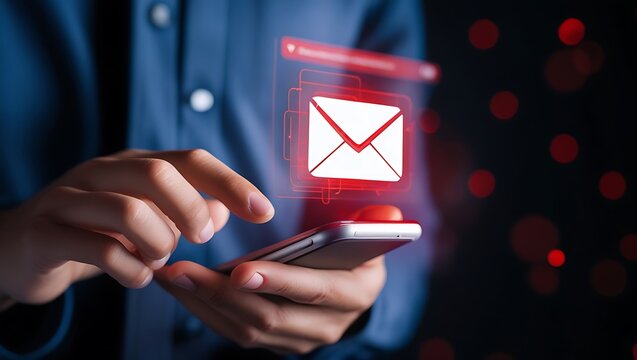 Phishing Scam Alert &ndash; Man Holding Smartphone with Holographic Spam Email Icon