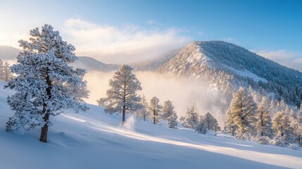 Snowy mountain landscape at sunrise, with snow-covered pine trees and fog.