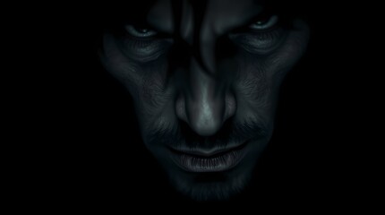 Shadows of Intrigue: A dramatic portrait of a man's face emerges from darkness, with intense eyes and an enigmatic expression, hinting at a story untold.