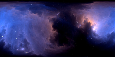 Fototapeta premium 360 degree space nebula. Giant interstellar cloud with stars, equirectangular projection, environment map. Spherical panorama. 3d illustration