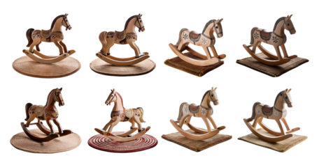 Wooden Rocking Horses on Various Surfaces and Backgrounds, PNG bundle collection, Isolated on Transparent Background