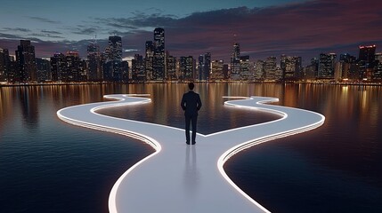 Obraz premium Man Standing on Curved Pathway Over Water with City Skyline in Background at Dusk Symbolizing Choices and Opportunities Ahead