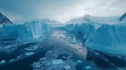 Melting glacier in Antarctica reveals fractured ice formations and serene waters
