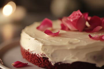 Delicious gourmet chocolate cakes with fresh strawberry, cherry, or pink rose cream on a plate
