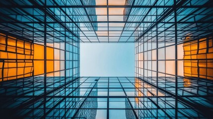 Low angle view of modern glass building, sky visible through geometric window panes.
