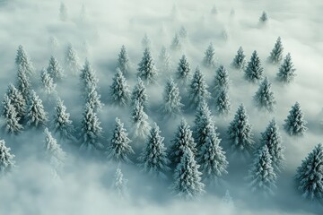 Fototapeta premium A mystical winter forest scene with frozen pines disappearing into the mist.