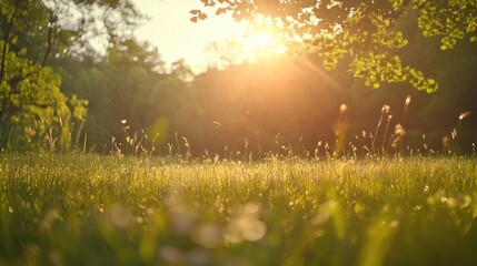 Obraz premium Golden hour illuminates a serene meadow landscape with lush vegetation