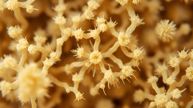 Close up of Aspergillus oryzae is a filamentous fungus, or mold that is used in food production, such as in soybean fermentation under the microscope in laboratory.