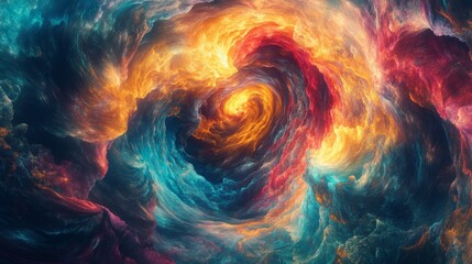 Swirling Vivid Ocean Wave Captured in Powerful Motion Under a Fiery Sky, Featuring a Dynamic Mix of Blue, Orange, and Yellow Hues, Showcasing Nature&rsquo;s Raw Energy and Beauty