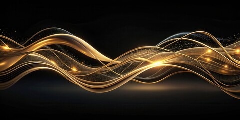Naklejka premium Abstract Golden Waves on Black Background Elegant Swirling Design with Sparkling Dust