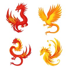 Fototapeta premium Fiery Dragons and Phoenixes Set of Four Mythical Creatures, Red and Orange
