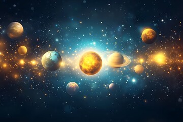 Solar system planets orbiting in a cosmic galaxy, with glowing stars, for educational use