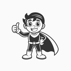 Fototapeta premium Black silhouette Cute cartoon superhero kid making a thumbs up sign. Superhero with Thumb Up Pose Cartoon. Icon Illustration