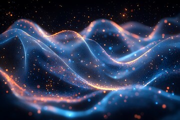 Abstract Blue and Orange Particle Wave Background; Futuristic Digital Art