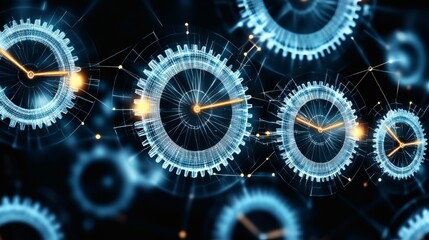 Abstract representation of time with gears and clock hands in blue hues