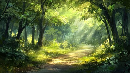 Obraz premium Sunlit path through lush green forest. (6)