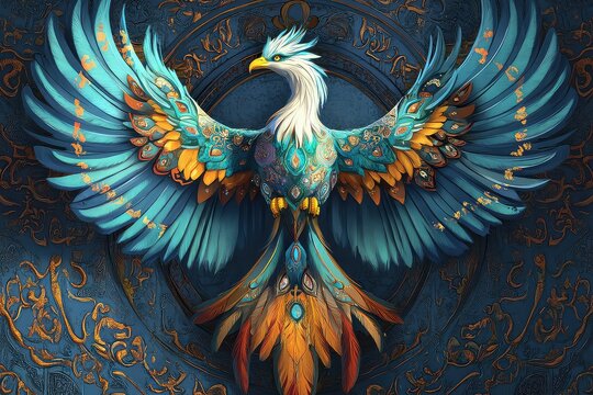 A mystical Simurgh, its wings forming an intricate Persian-inspired pattern.