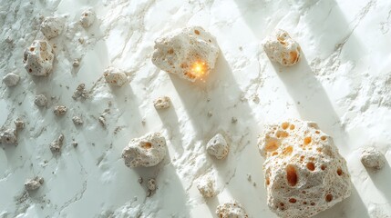 Abstract Beige Rocks On White Surface With Golden Highlights