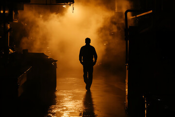 Fototapeta premium Silhouette of Man Walking Through Misty Industrial Alley with Golden Glow, Cinematic Scene