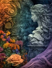 A woman’s stone bust surrounded by vibrant flowers and colorful textures.