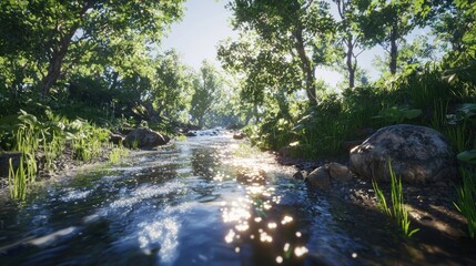 Obraz premium Sunlit stream flowing through lush green forest. (2)