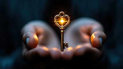 Golden Vintage Heart Shaped Key Illuminated by Mystical Light in Hands Symbolizing Freedom, Opportunity, and Discovery in Dark Background