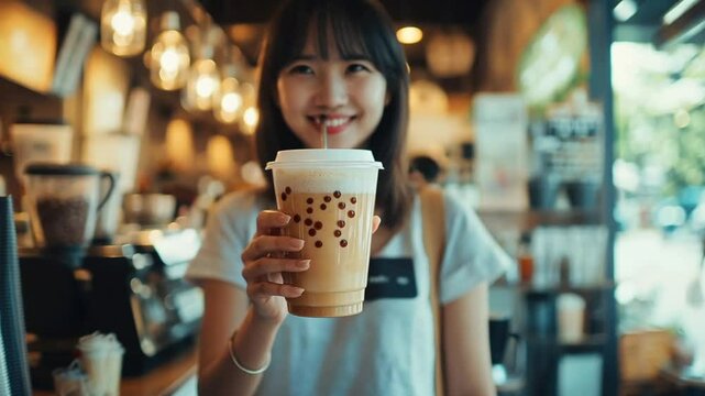 Woman holding bubble tea in cafe, enjoying a drink, cafe interior in the background.  Possible use Stock photo for social media posts, advertisements, or websites