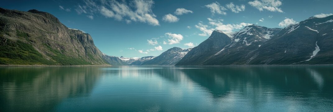 A serene alpine lake nestled among the mountains, with clear water and a reflection of the sky on its surface.