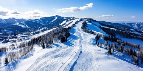 Aerial photography of a snowy mountain ridge, with adventurous skiers carving paths through the powder