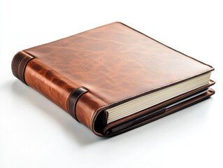Obraz premium Elegant leather-bound journal resting on a pristine white surface