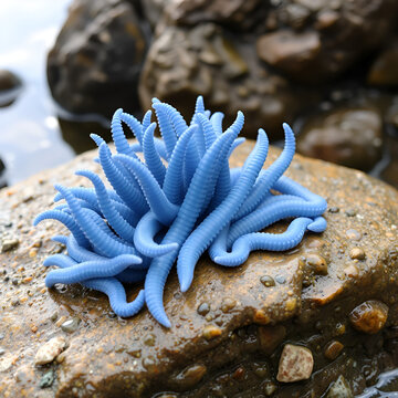 a grouping of blue tubeworms, blue tenacles out on a rock in moutere inlet estuary new zealand