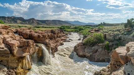 Roaring river cascading through rocky terrain beneath a vibrant sky