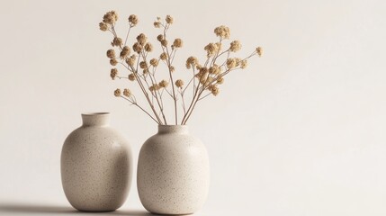 Modern vase arrangement with textured ceramic vases and dried flowers for a minimalistic home decor. © vefimov